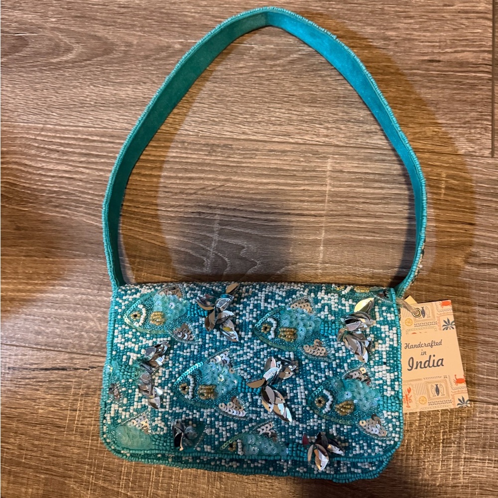 Handcrafted Teal Beaded Shoulder Bag - Artisan India